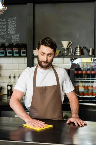 Barista barbudo em barra de limpeza avental e segurando pano enquanto trabalhava em café — Fotografia de Stock