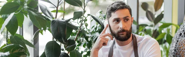 Bärtiger Barista in Schürze, der auf dem Smartphone spricht, während er in der Nähe von Pflanzen im Café steht, Banner — Stockfoto