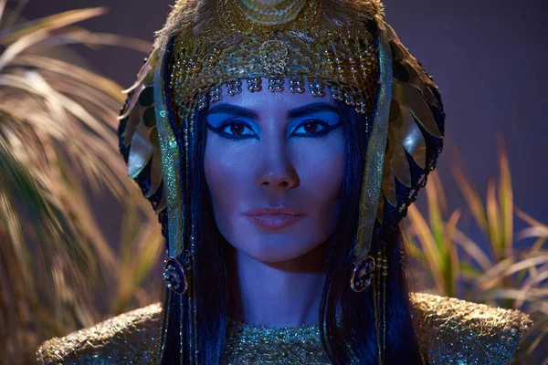 Belle femme en tenue égyptienne regardant la caméra près des plantes en lumière bleue sur fond brun — Photo de stock