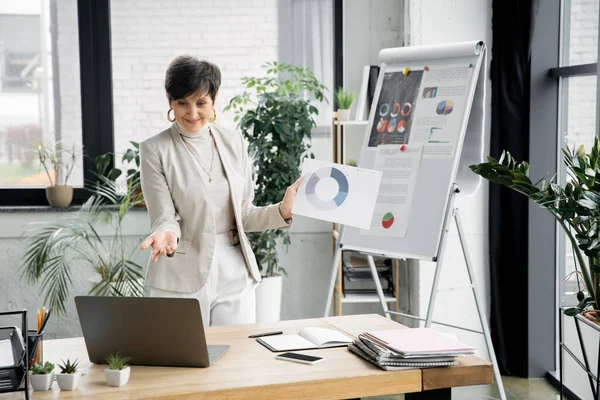 Madura empresaria satisfecha con infografías apuntando a la computadora portátil, videollamada en la oficina moderna - foto de stock