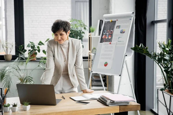 Femme d'affaires d'âge moyen souriante près d'un ordinateur portable et tableau à feuilles mobiles avec graphiques, vidéoconférence, conférence — Photo de stock