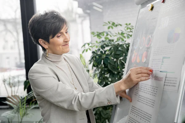 Positive middle aged manager working with business analytics on flip chart in modern office — Stock Photo