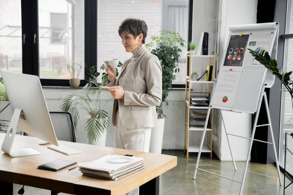 Fiducioso imprenditore maturo con tazza di caffè guardando monitor del computer, in piedi in ufficio moderno — Foto stock
