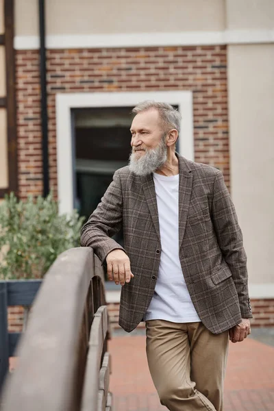 Homem barbudo feliz e sênior em pé na ponte de madeira, olhando para longe, positivo, vida urbana, idoso — Fotografia de Stock