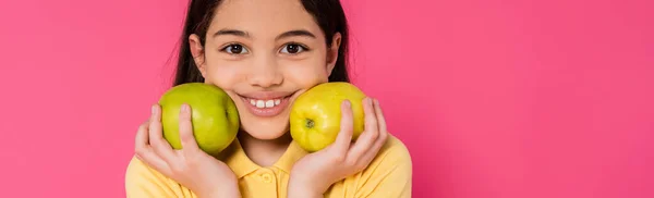 Chica feliz con pelo morena sosteniendo manzanas verdes sobre fondo rosa, retrato, felicidad, bandera - foto de stock