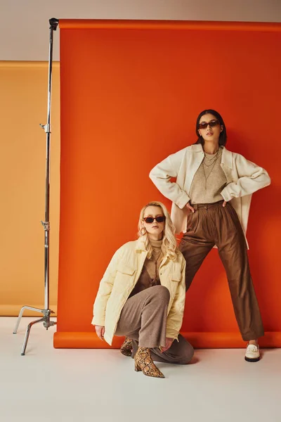 Moda e tendenze, donne interrazziale in occhiali da sole e capispalla in posa in studio, colori autunnali — Foto stock