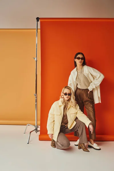 Moda e stile, modelli interrazziali in occhiali da sole e capospalla in posa in studio, colori autunnali — Foto stock