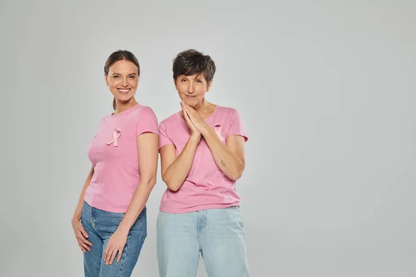 Femmes souriantes avec rubans roses et t-shirts isolés sur gris, cancer du sein — Photo de stock