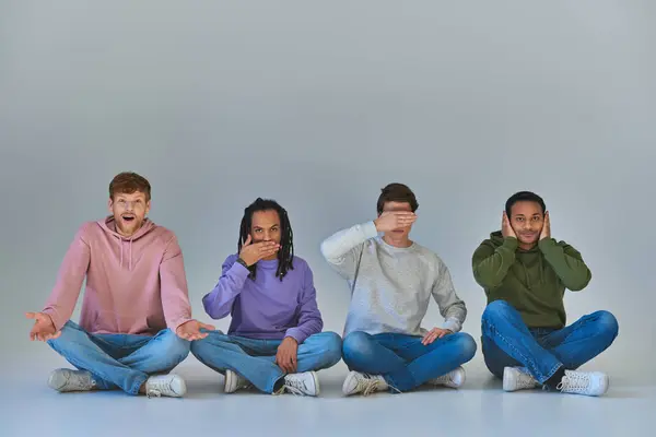 Cuatro jóvenes sentados con las piernas cruzadas y haciendo gestos, como cuatro sabios monos concepto, diversidad - foto de stock