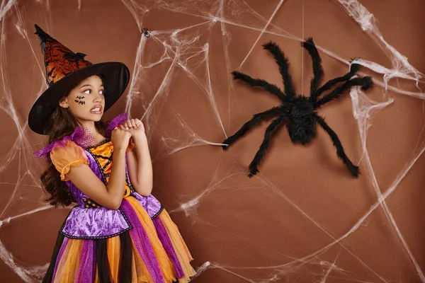 Mädchen mit Hexenhut und Halloween-Kostüm grimmig neben falscher Spinne und Spinnweben auf braunem Hintergrund — Stockfoto