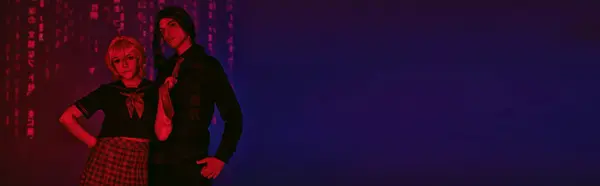 Anime style woman pulling tie of man in red neon light on blue and purple backdrop, banner — Stock Photo