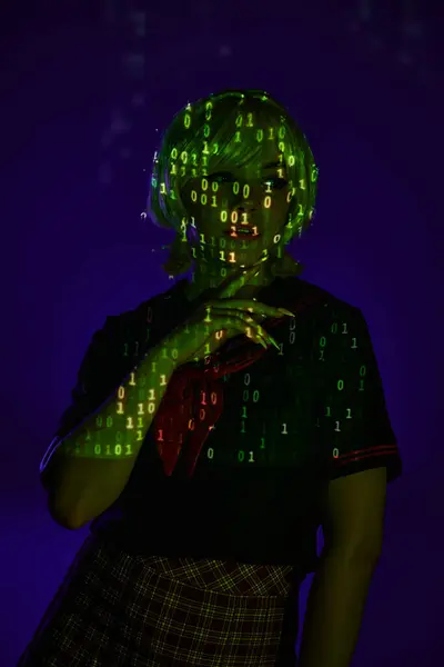 Anime woman in students uniform in neon binary code projection on blue backdrop, hand near chin — Stock Photo