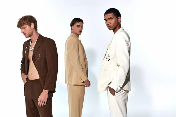 Bello diversi modelli maschili in abiti sbottonati con accessori in posa su sfondo grigio, il potere degli uomini — Foto stock