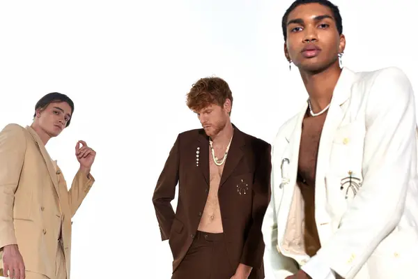 Гарний вигляд елегантних різноманітних чоловіків у формальному одязі з аксесуарами на білому тлі, концепція моди — стокове фото