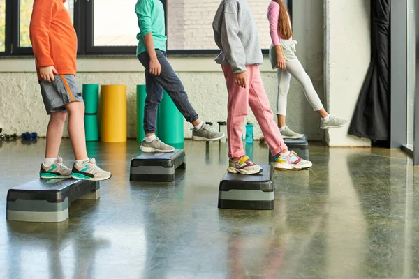 Ausgeschnittene Ansicht von Kindern in Sportbekleidung, die Übungen auf Fitness-Stepper, erhobenem Bein, Kindersport machen — Stockfoto