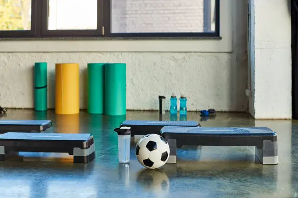 Foto de la pelota de fútbol y la botella de agua junto al paso de fitness en el telón de fondo, concepto de deporte - foto de stock