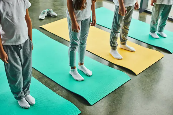 Vista recortada de cuatro niños y niñas preadolescentes en ropa deportiva de pie sobre alfombras de fitness, deporte - foto de stock