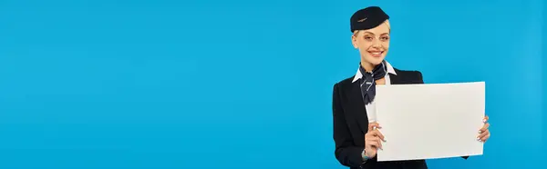 Elegant stewardess in professional outfit standing with empty poster on blue backdrop, banner — Stock Photo