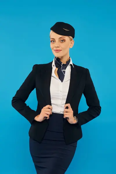 Elegante dama en uniforme corporativo de azafata sonriendo a la cámara y posando sobre fondo azul - foto de stock