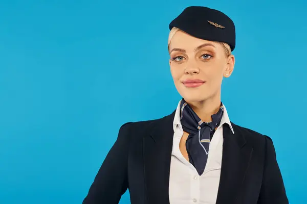Portrait of young woman in stewardess uniform and neckerchief looking at camera on cyan background — Stock Photo