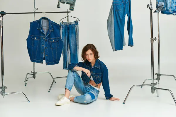 Stylish model with tattoo posing in cropped jacket and jeans sitting among denim clothes on grey — Stock Photo