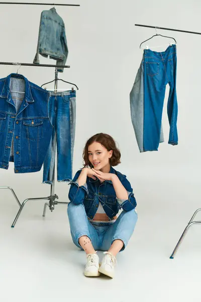 Felice modello giovane in giacca ritagliata blu e jeans seduti tra abiti in denim trendy su grigio — Foto stock