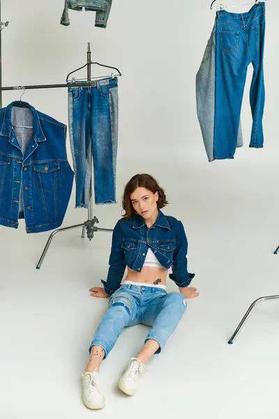 Stylisches junges Model in blauer Kurzjacke und Jeans sitzt inmitten trendiger Jeanskleidung auf grau — Stockfoto
