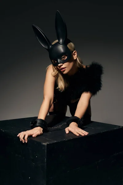 Привлекательная горячая модель женщины в заманчивом кружевном белье с кроличьей маской и наручниками опираясь на куб — стоковое фото