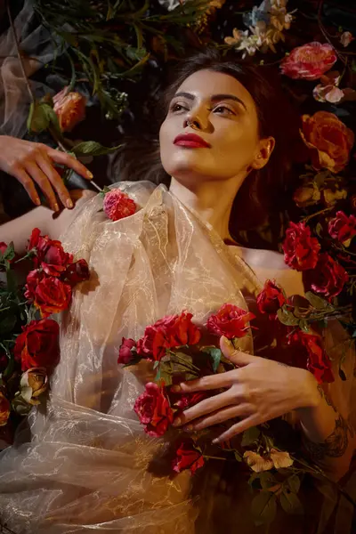 Weibliche Anmut, tätowierte Frau in romantischem transparentem Kleid, die zwischen wunderschönen Blumen liegt — Stockfoto