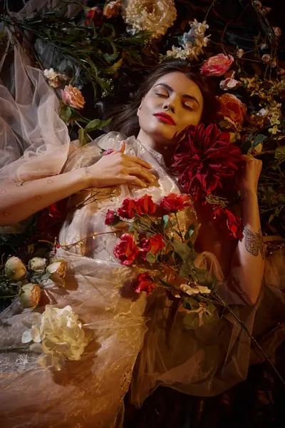 Vista superior, sensual jovem mulher em vestido transparente romântico deitado entre belas flores — Fotografia de Stock