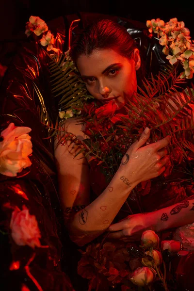 Luz vermelha no rosto da mulher molhada atraente com piercing e tatuagem deitada entre diferentes flores — Fotografia de Stock