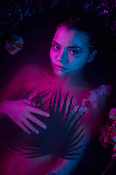 Tiro de moda, encantadora mujer acostada entre hojas de palma y flores en el agua, luces azules y púrpuras - foto de stock