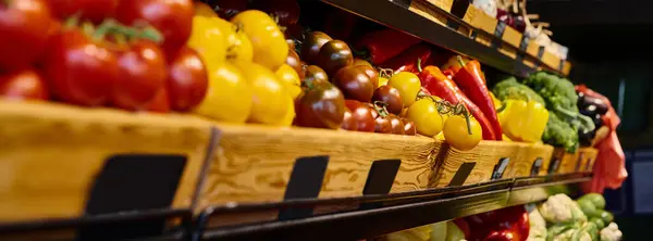 Objeto foto de colorido puesto de verduras con tomates frescos y pimientos en la tienda de comestibles, pancarta - foto de stock