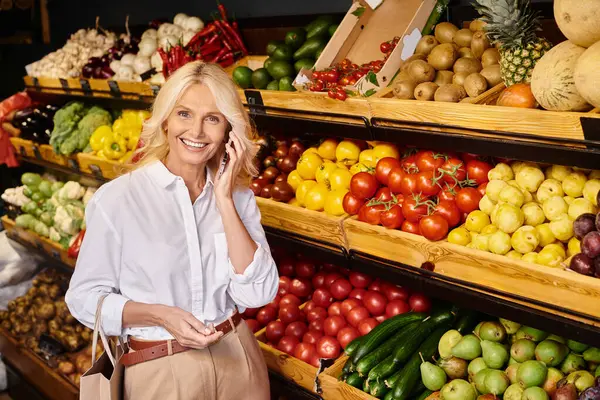 Gioiosa donna attraente parlando per telefono mentre al negozio di alimentari e sorridendo allegramente alla fotocamera — Foto stock