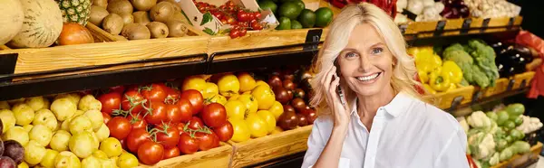 Glückliche reife fröhliche Frau, die mit dem Handy im Lebensmittelgeschäft spricht und in die Kamera lächelt, Banner — Stockfoto