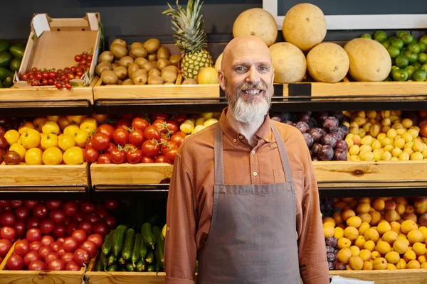 Alegre barbudo maduro vendedor sonriendo felizmente a la cámara y posando con tienda de comestibles en el fondo - foto de stock