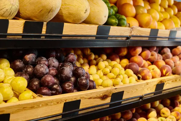 Foto objeto de barraca vibrante com melões de ameixas suculentas frescas e outras frutas no supermercado — Fotografia de Stock