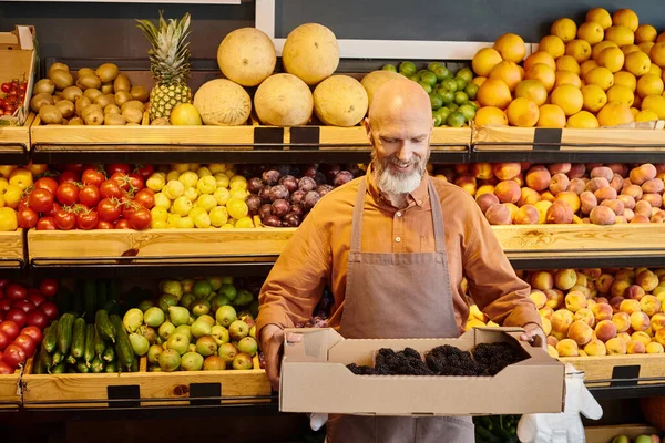 Gut aussehender älterer Verkäufer, der Brombeeren in seinen Händen betrachtet und glücklich lächelt — Stockfoto