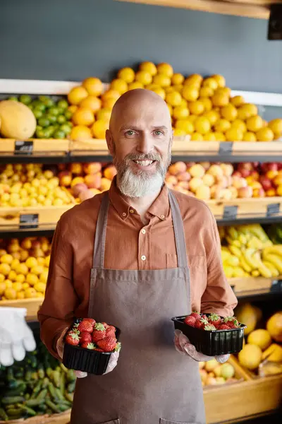 Зрілий продавець з сірою бородою тримає пачки свіжої яскравої полуниці і радісно посміхається — стокове фото