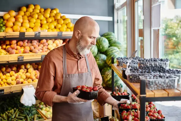 Konzentrierte Verkäuferin mit grauem Bart blickt aufmerksam auf den Stand mit frischen und lebendigen Erdbeeren — Stockfoto