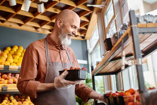 Fröhlicher älterer Verkäufer mit grauem Bart, der frische rote Erdbeeren verpackt und glücklich lächelt — Stockfoto