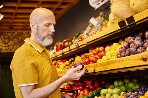Hombre maduro en traje casual con cesta de la compra elegir frutas jugosas vibrantes en la tienda de comestibles - foto de stock