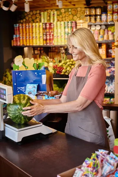 Cheerful mature female seller weighing fresh delicious watermelon at cash counter at grocery store — Stock Photo