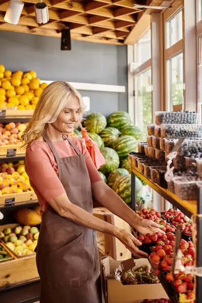 Cheerful attractive seller smiling and holding pack of fresh strawberries at grocery store — Stock Photo