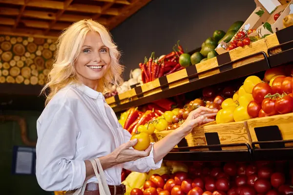Joyous mature woman in casual outfit holding yellow fresh tomato and smiling at camera at store — Stock Photo