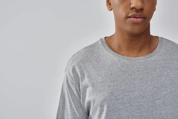 Fashionable young african american man wearing casual gray t-shirt, copy space for advertising — Stock Photo