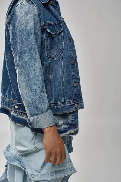Cropped view of stylish african american male model posing in trendy denim outfit, fashion concept — Stock Photo