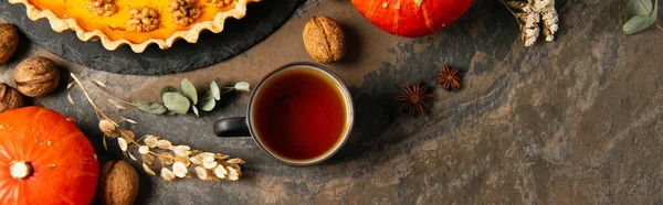 Pastel de calabaza de acción de gracias y calabazas de naranja cerca de hierbas y té aromático caliente en la mesa de piedra, bandera - foto de stock
