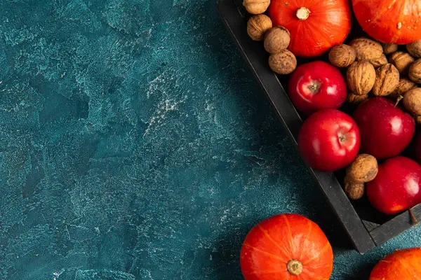 Оранжевые тыквы и красные яблоки с грецкими орехами в черном лотке на бирюзовой текстурированной поверхности, День благодарения — стоковое фото