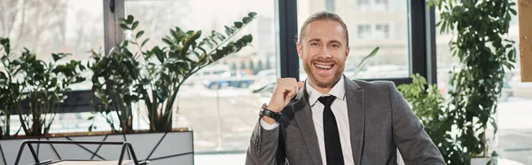 Portrait of successful elegant businessman in grey suit smiling at camera in modern office, banner — Stock Photo